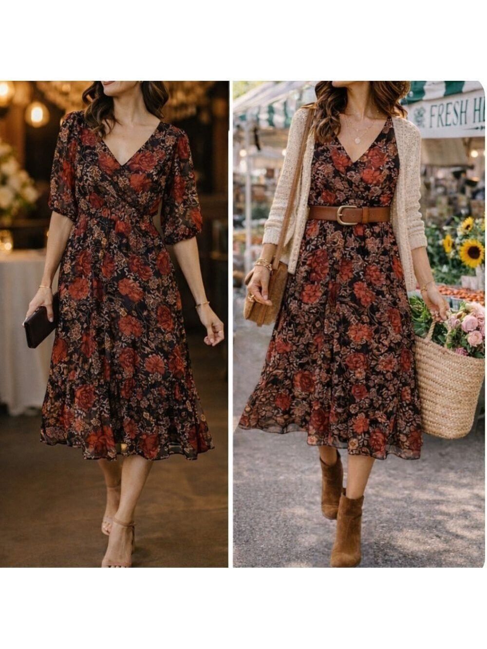 Maurices Dark Floral Long Sleeve Dress Sz XS V-Neck Boho Fall Empire Peasant EUC